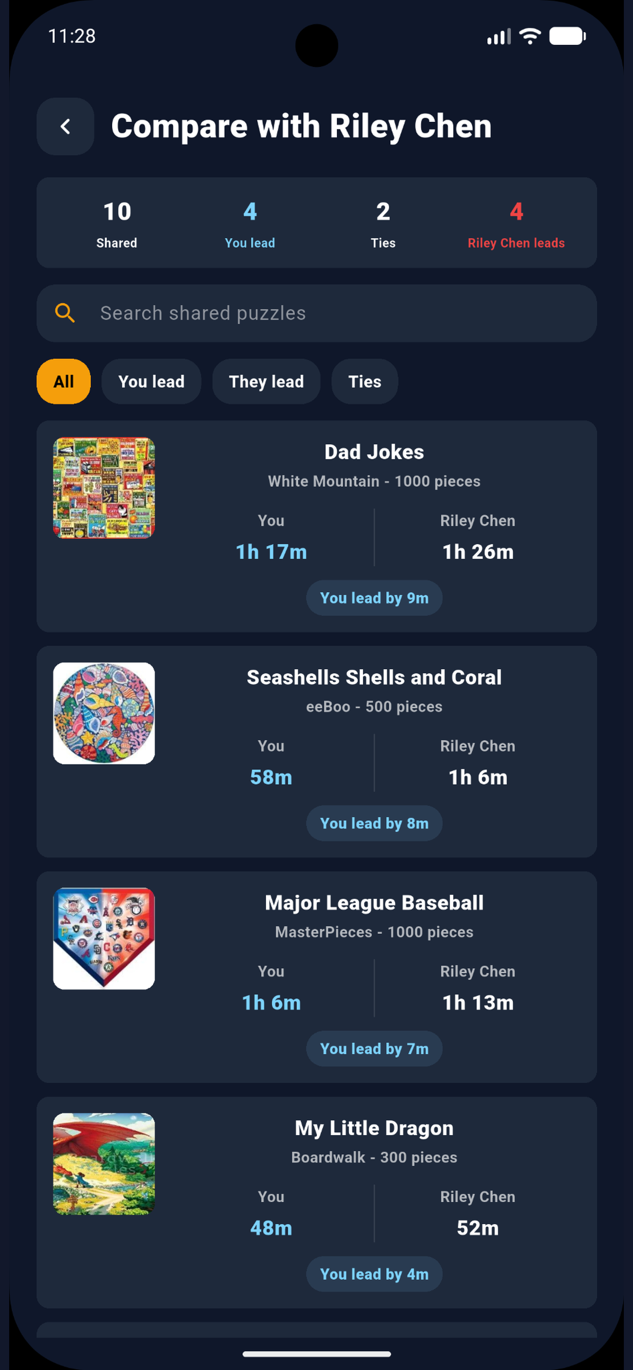 PuzzleTime friend comparison screen