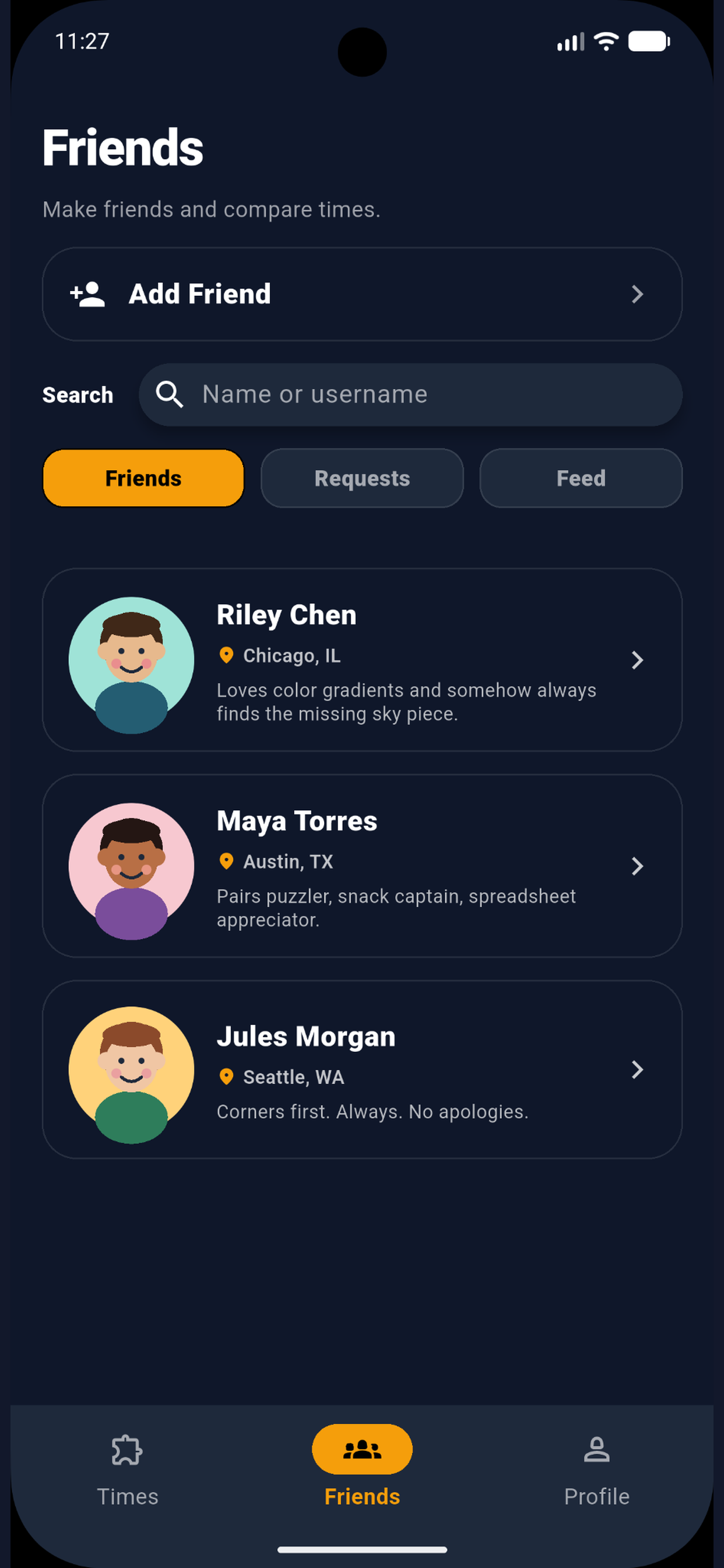 PuzzleTime friends screen
