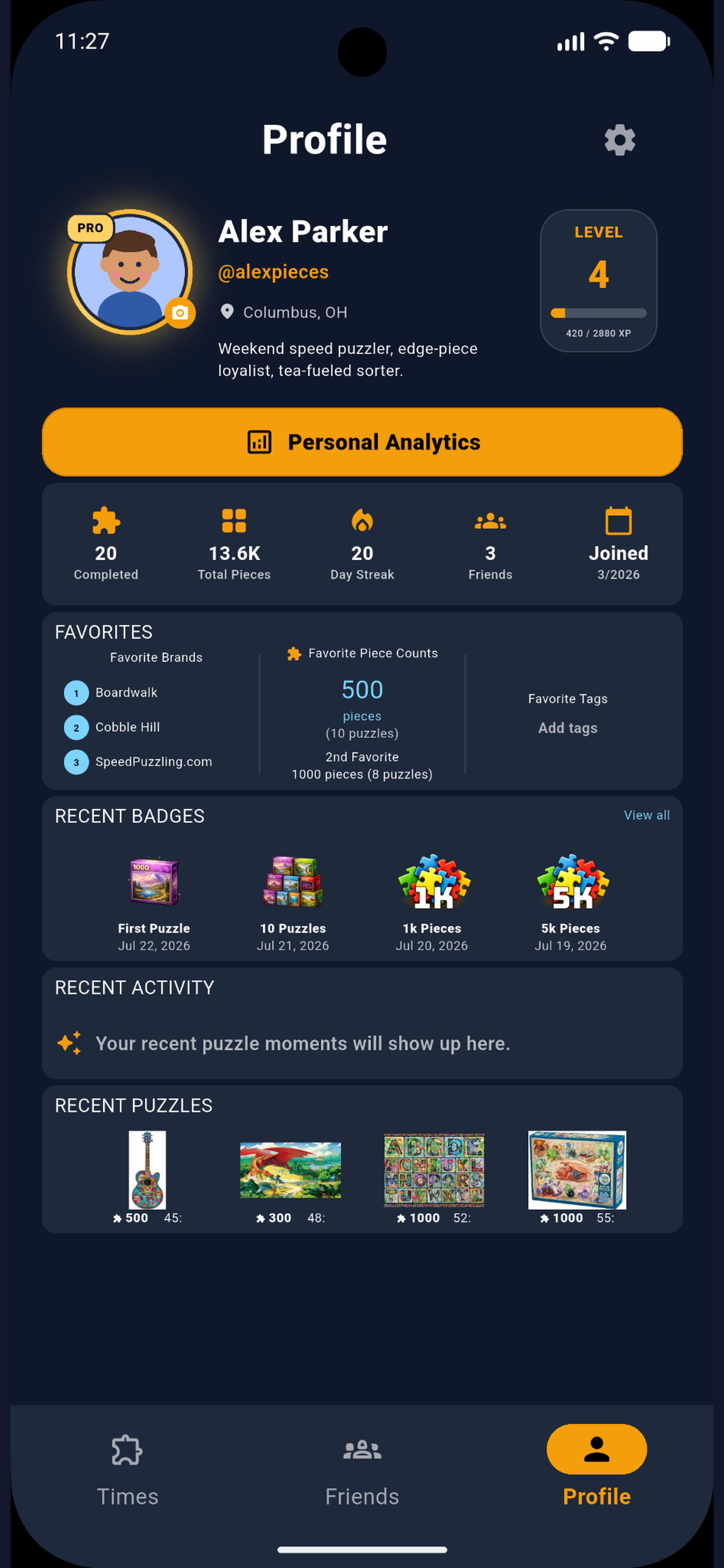 PuzzleTime profile and achievements screen